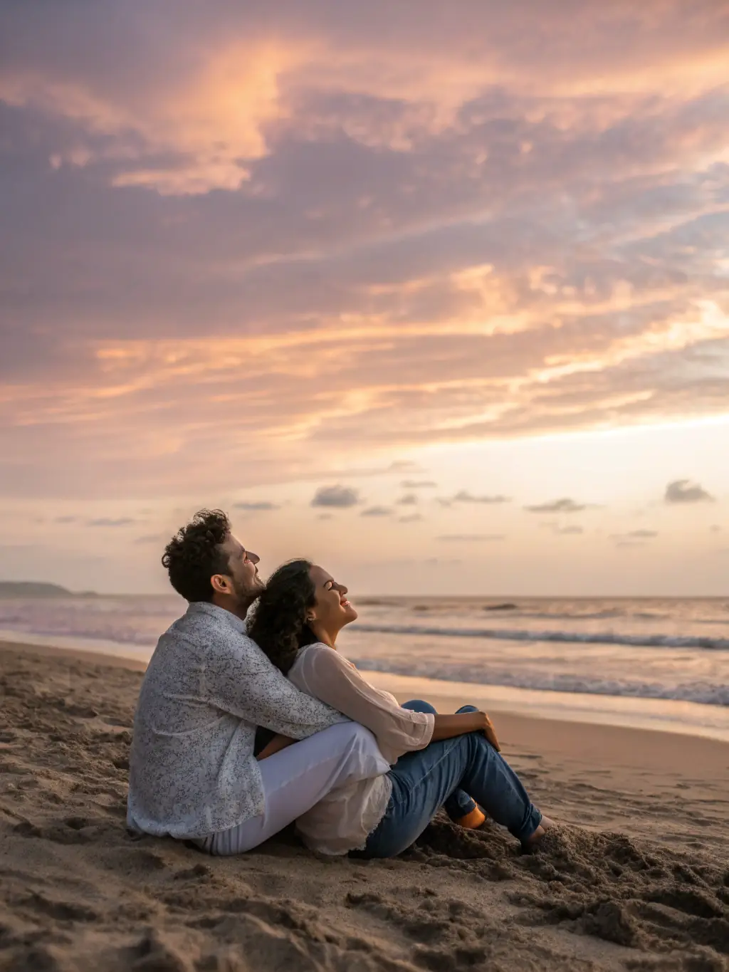 A serene image of a couple relaxing on a pristine beach, representing the relaxation travel experience provided by Freefly.