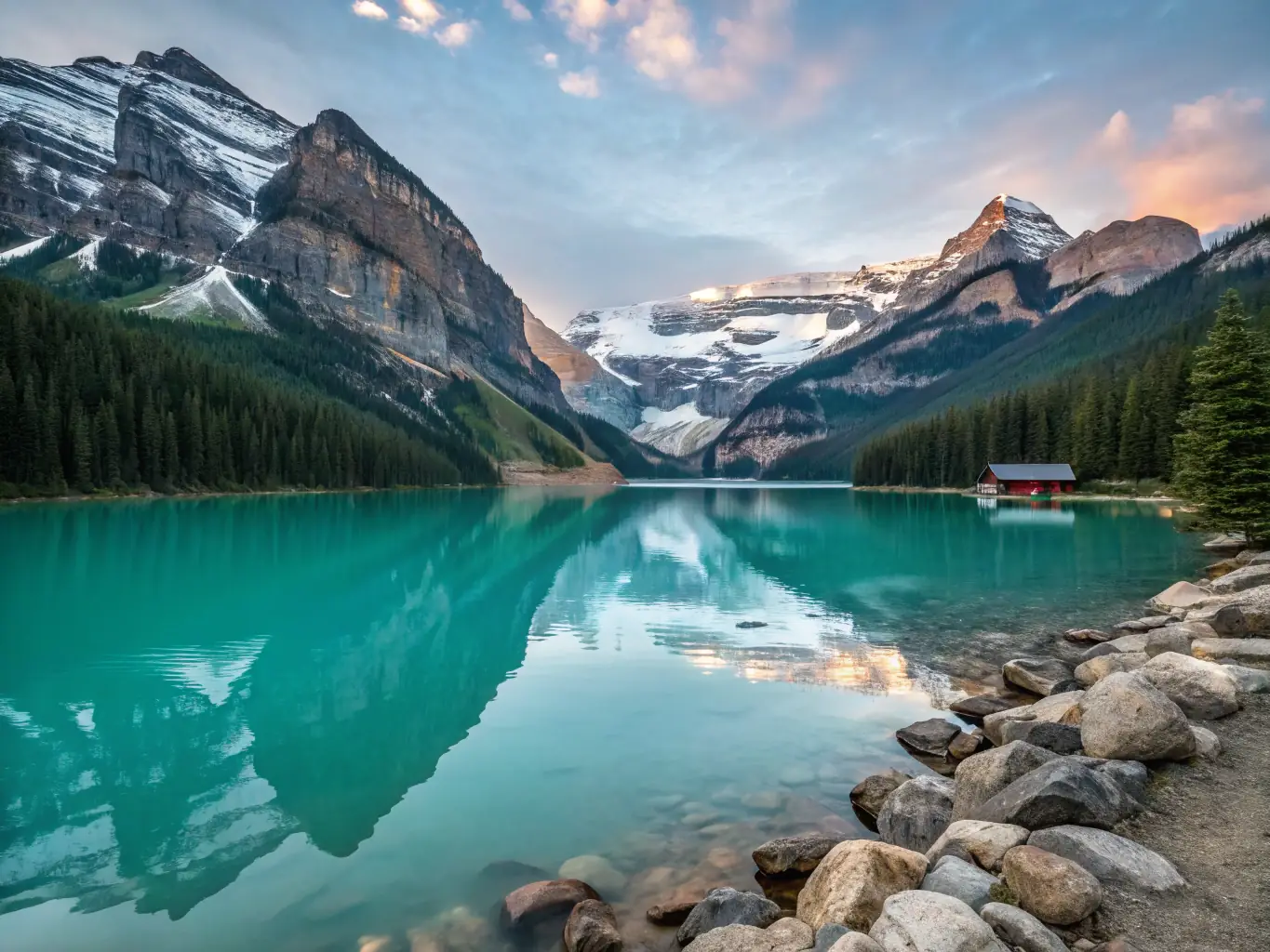 A panoramic view of Banff National Park in Canada, showcasing its turquoise lakes, snow-capped mountains, and lush forests. The image captures the grandeur and natural beauty of the Canadian Rockies, inviting viewers to explore its wilderness.