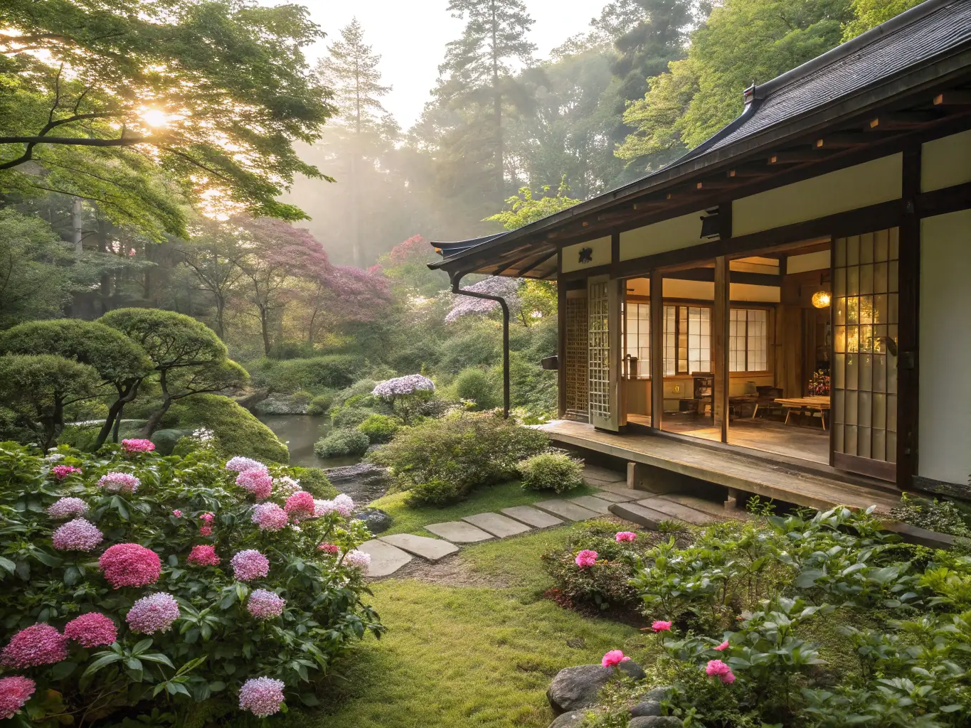 A vibrant image of Kyoto, Japan, featuring a traditional tea house surrounded by cherry blossom trees in full bloom. The scene evokes a sense of tranquility and cultural richness, highlighting the beauty of Japanese gardens.