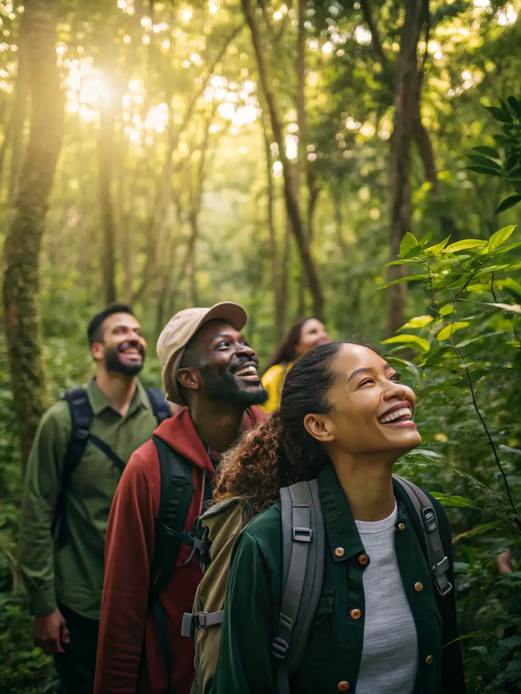 A vibrant image of travelers hiking through a lush rainforest, showcasing the adventure travel experience offered by Freefly.