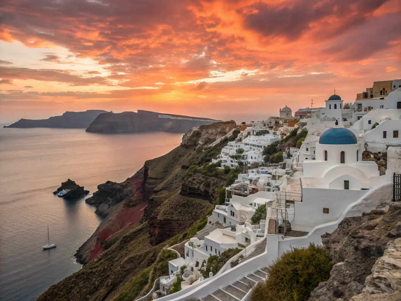 A stunning aerial view of Santorini, Greece, showcasing its iconic white-washed buildings and blue-domed churches perched on cliffs overlooking the Aegean Sea. The image captures the romantic and picturesque essence of this popular travel destination.
