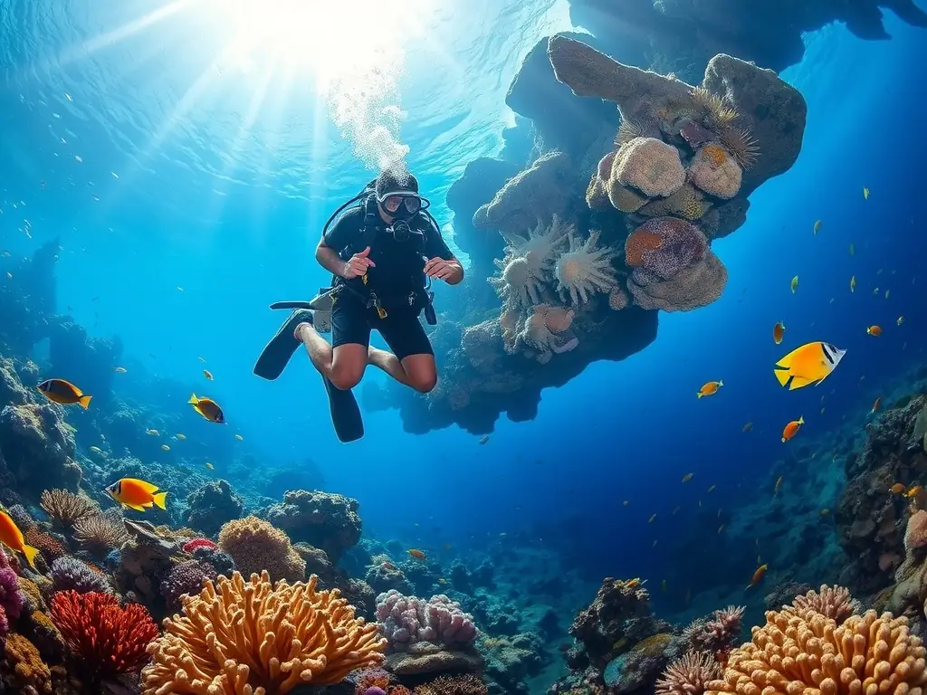 An eye-level shot of scuba divers exploring a vibrant coral reef in the Great Barrier Reef, highlighting the diverse marine life and the wonders of underwater exploration.