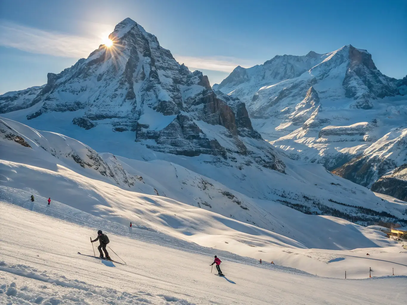 A majestic mountain range covered in snow, with skiers gliding down the slopes, capturing the thrill of winter sports and adventure for Freefly's destination highlights.