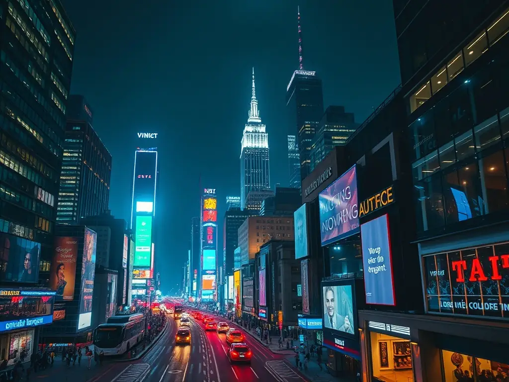 A bustling cityscape at night, with bright lights, iconic landmarks, and a vibrant atmosphere, showcasing the excitement of urban exploration for Freefly's destination highlights.