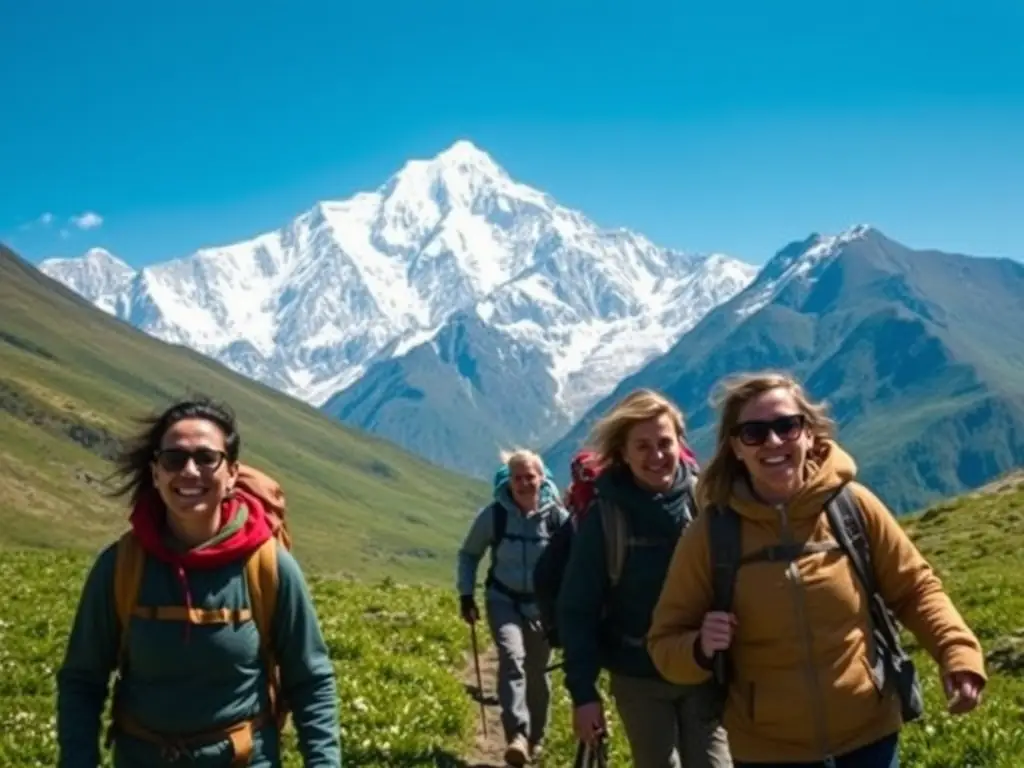 A stunning photograph of a group of hikers trekking through the Himalayas, with snow-capped peaks in the background, illustrating the challenge and beauty of mountain exploration.